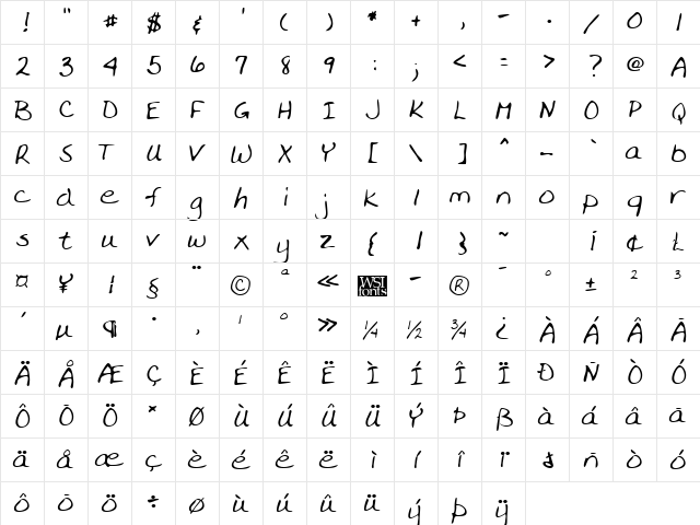EverlysHand Regular  glyph index