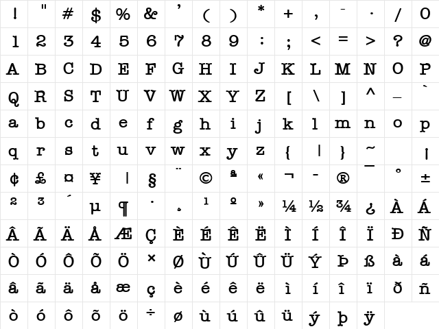 Memo Bold  glyph index