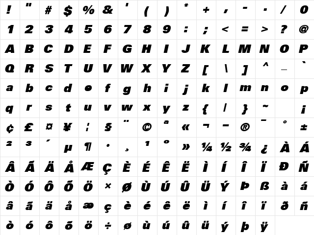 NovaBlackSSK Bold Italic  glyph index