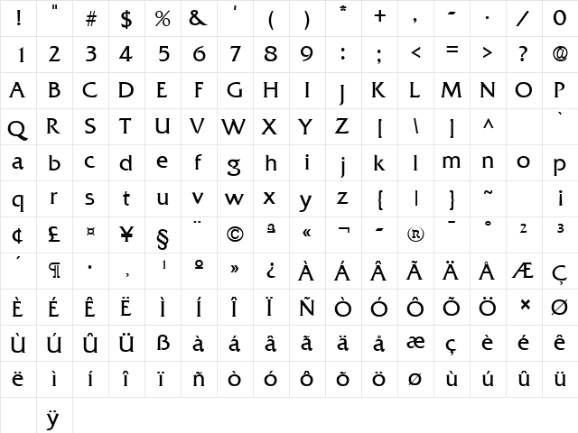 Quadrat Regular  glyph index