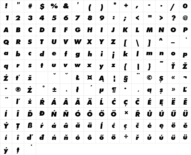 FuturaTEEExtBol Italic  glyph index