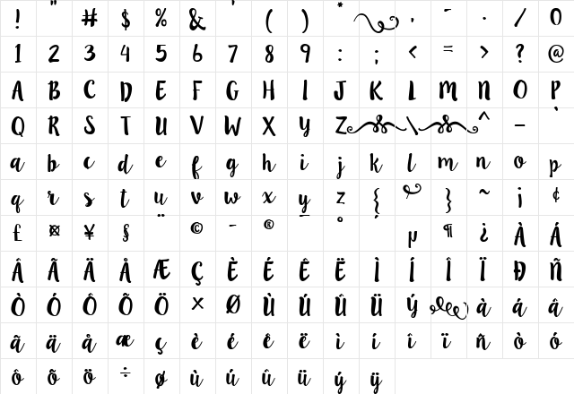 LillyBelle Regular  glyph index