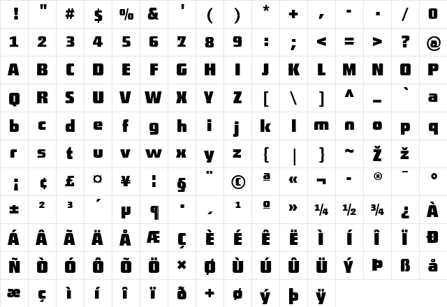 DistrictTF-BoldAlt Regular  glyph index