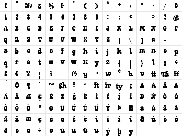 Jackpot Regular  glyph index