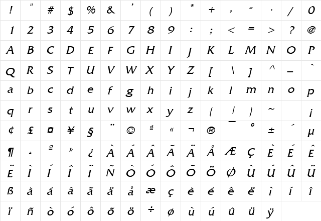 Franco Italic  glyph index