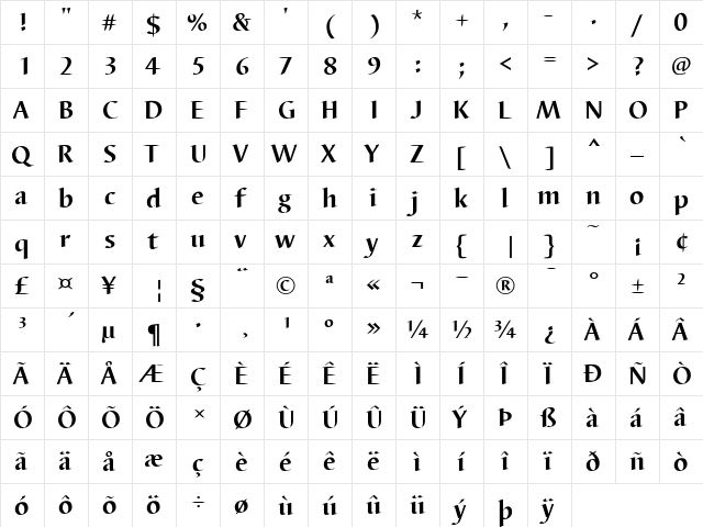 Barbedor T Bold  glyph index