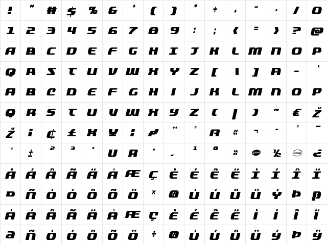 Quickening Condensed Italic Condensed Italic  glyph index