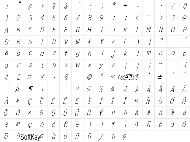 Letter Gothic Italic  glyph index