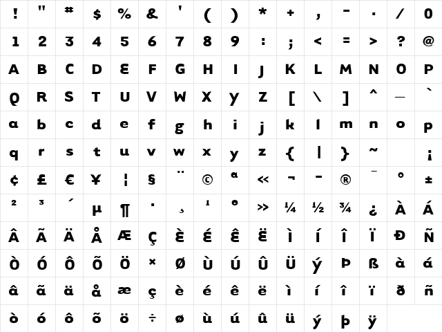 TarzanaWideBold Regular  glyph index