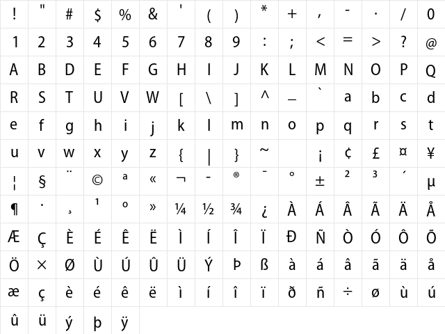 Myriad Pro SemiCondensed  glyph index