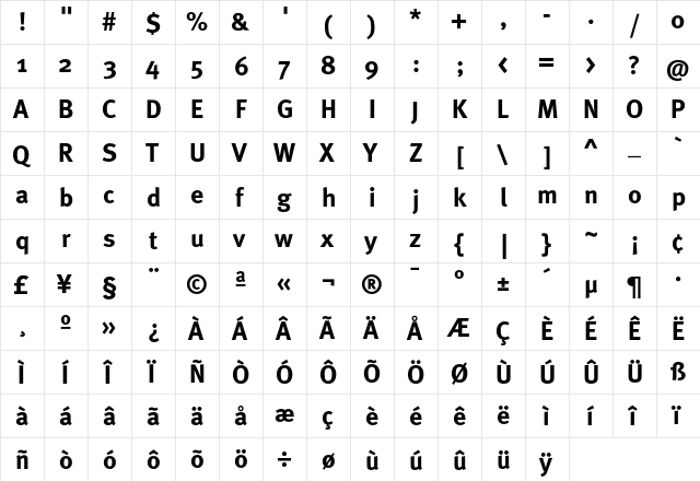 MetaBoldTurk Roman  glyph index