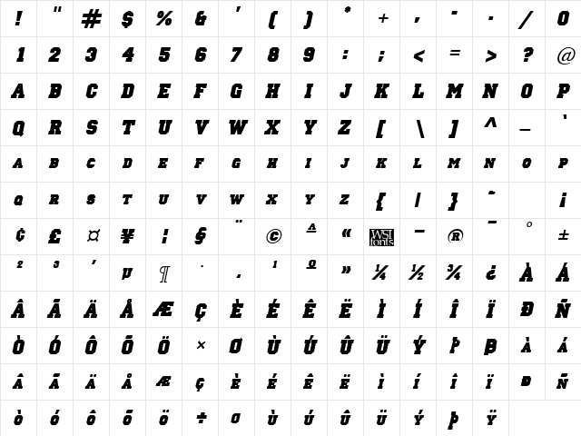 LettermanSolid Italic  glyph index