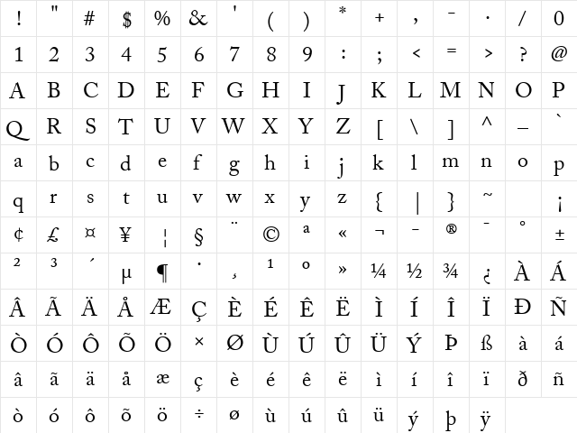 Adobe Caslon Pro Regular  glyph index
