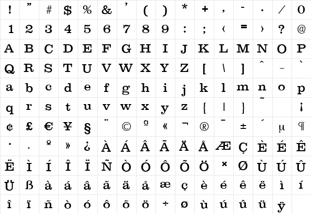 ClareSerial Regular  glyph index