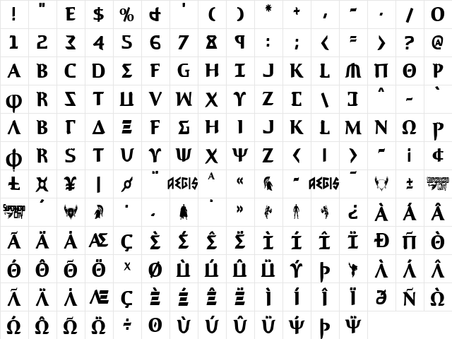 Aegis Condensed Condensed  glyph index