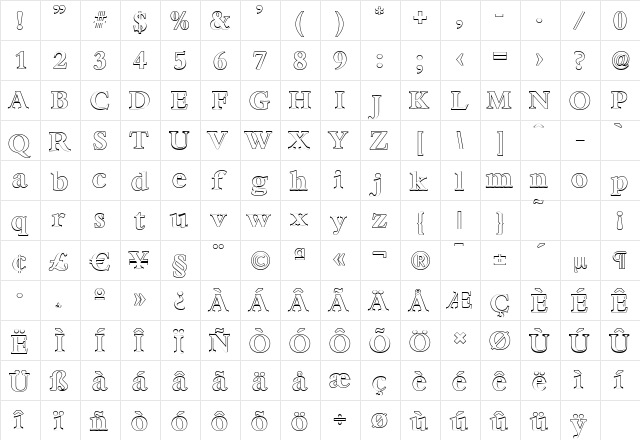BernsteinOutline Bold  glyph index