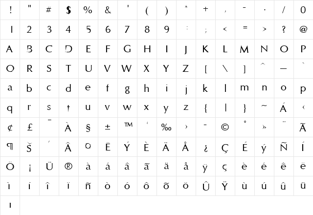 Styletto Regular  glyph index