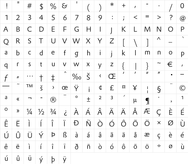 DTLProkyonTLight Regular  glyph index