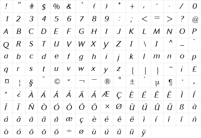 Cosmos BQ Italic  glyph index