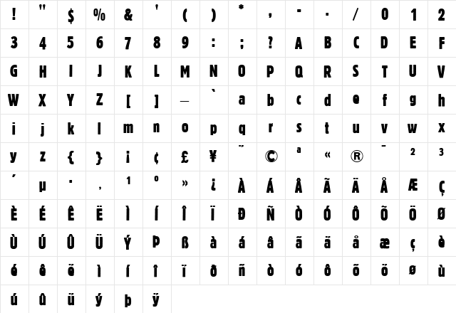 BlockBerthold-ExtraCondensed Roman  glyph index