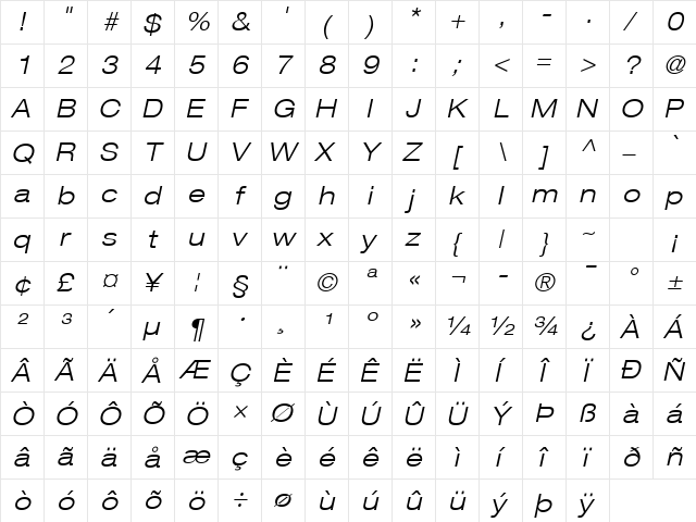 Helvetica Neue LT Com 43 Light Extended Oblique  glyph index