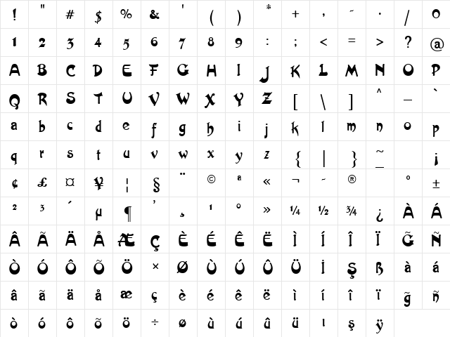 TR Artistik Regular  glyph index