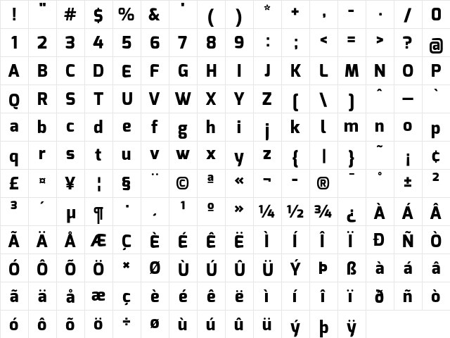 Exo Extra Bold  glyph index