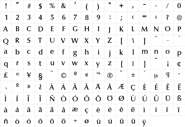 Columbia-Medium Regular  glyph index