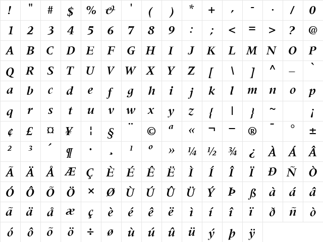 CoherentSSK BoldItalic  glyph index
