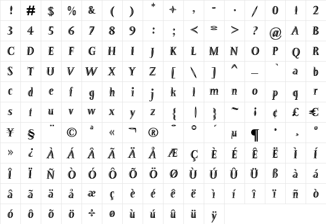 Barracuda Bold Relief Regular  glyph index