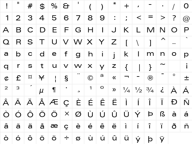 Zurich Regular  glyph index