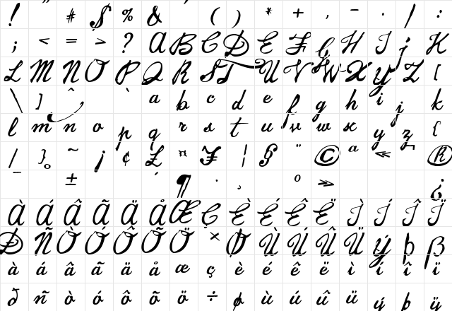 Jamscript Regular  glyph index