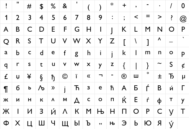 GillSans SA Regular  glyph index