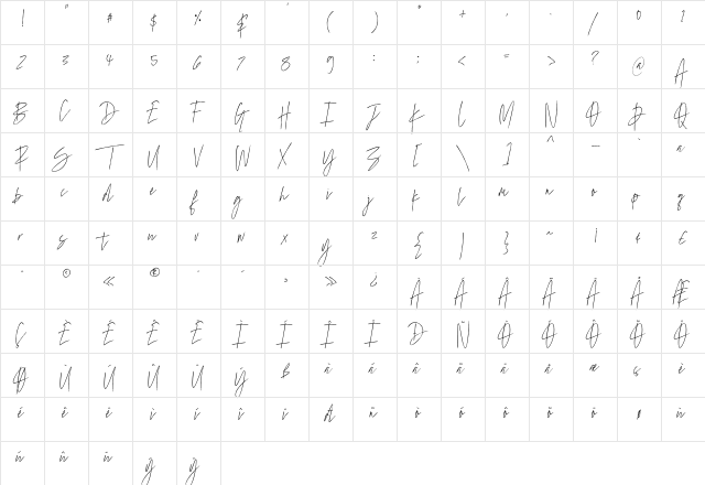 Marvelous Photograph Script Regular  glyph index