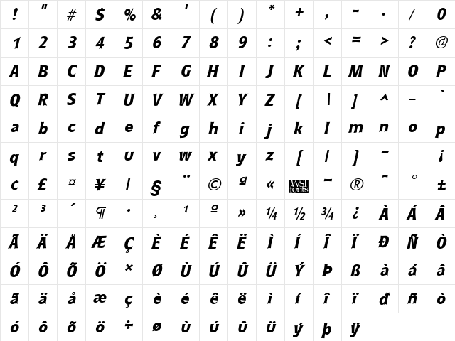 RyndersExtrabold Italic  glyph index