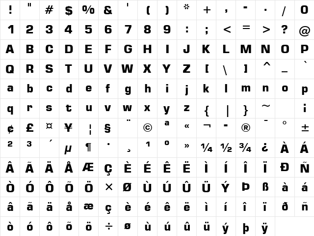 Square721 BT Bold  glyph index