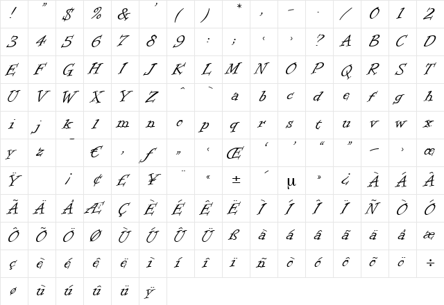 Intermezzo Regular  glyph index