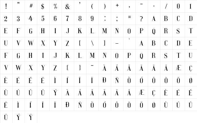 Pretty Women serif Regular  glyph index