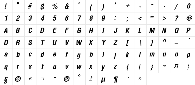 HeliosCond Bold Italic  glyph index