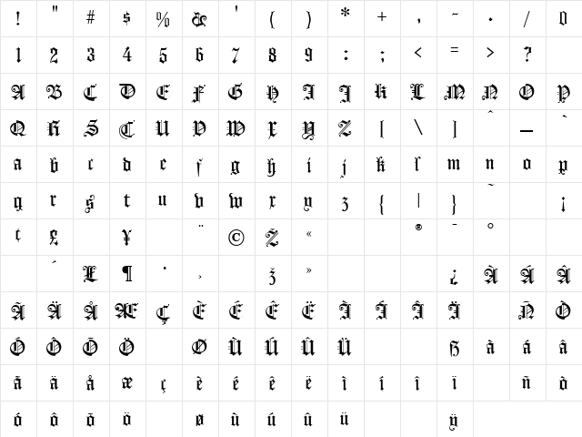 Konigsburg Regular  glyph index