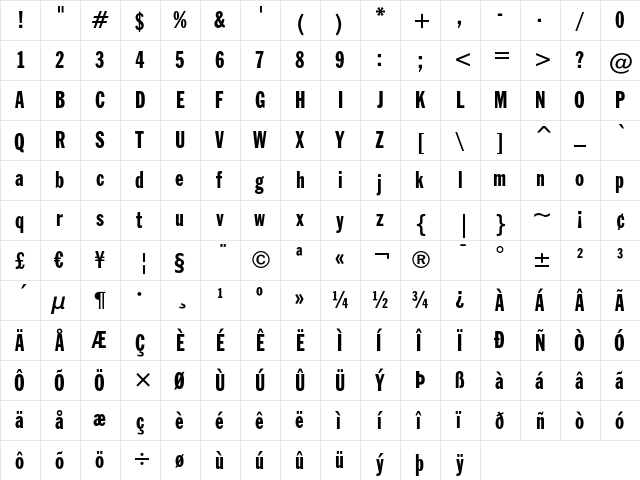 Franklin Gothic Extra Condensed  glyph index