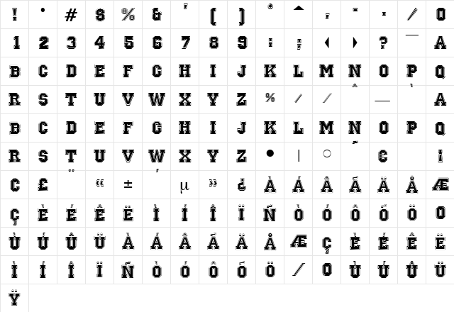 Racing Regular  glyph index
