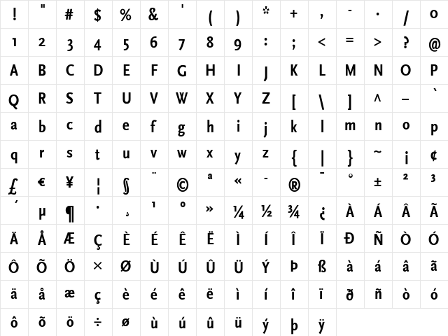 ScalaSans Bold  glyph index