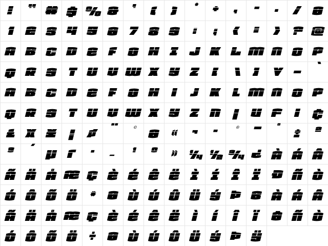 Team Galaxy Laser Italic Regular  glyph index