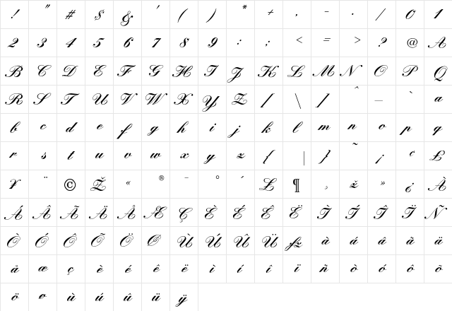 KunstlerBold Regular  glyph index