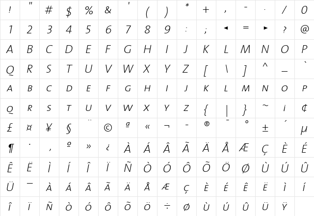 The Sans Extra Light- Italic  glyph index