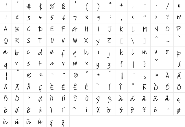 VerticalScript Normal  glyph index