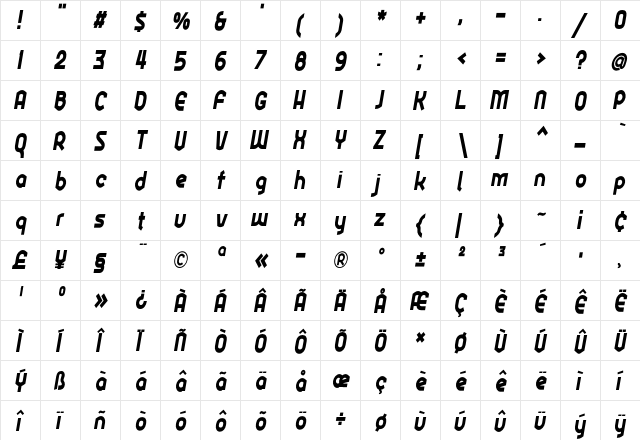 Ekela Heavy Condensed Italic  glyph index