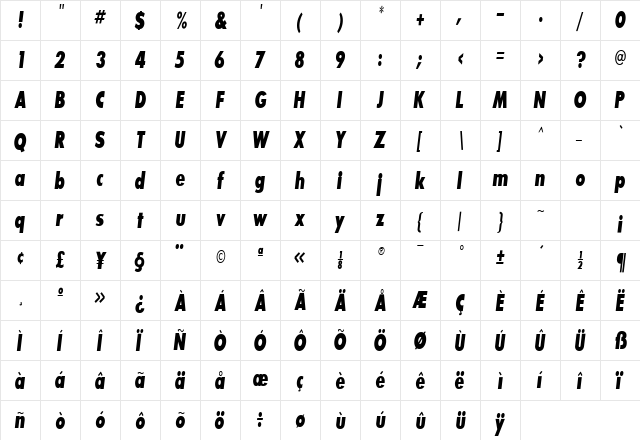 Bougan BlackCondensed SSi Bold  glyph index