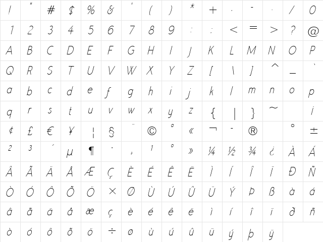 Register Sans BTN CnLt Oblique  glyph index